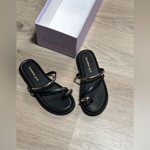 Madden Girl Black Sandals with Gold Metallic Rings